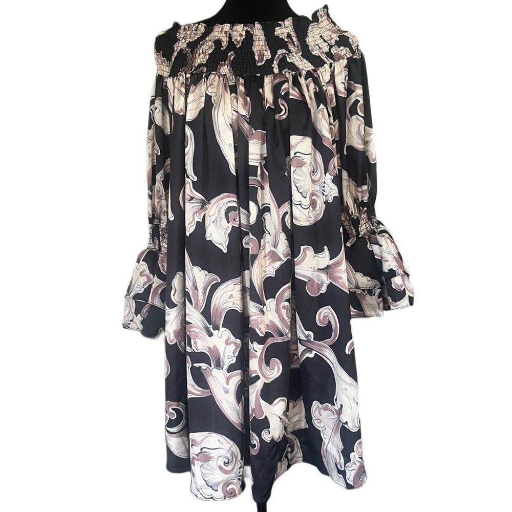CQ by CQ Women's Black Brown Peasant Paisley Babydoll Dress with Bell Sleeves